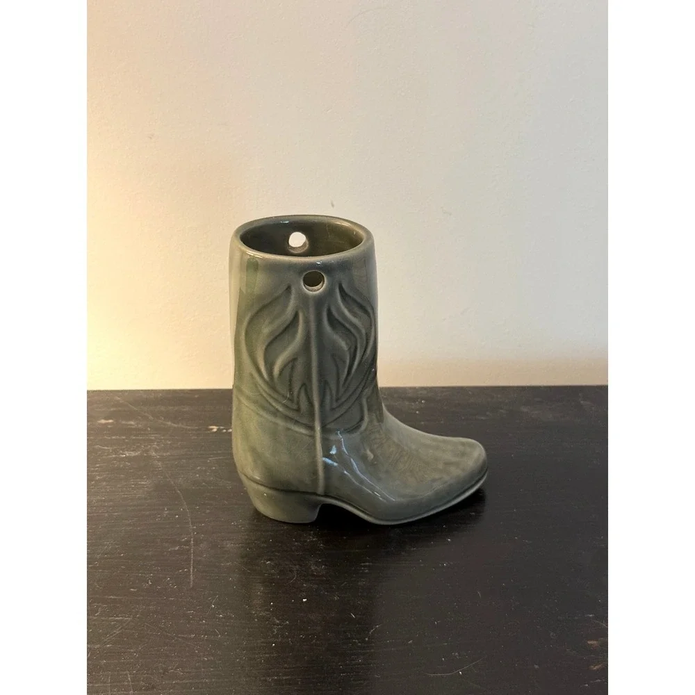 Vintage Ceramic Cowboy Boot Vase Sage Green Western Southwestern Decor